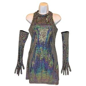 Sequined Disco Mini Dress & Matching Gloves Set (NWT)